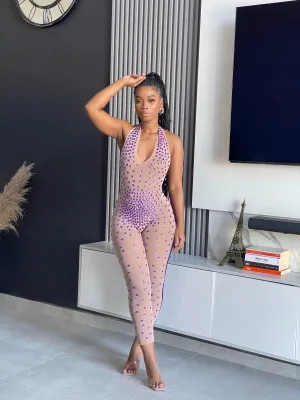Me Wow Rhinestone Sheer Jumpsuit