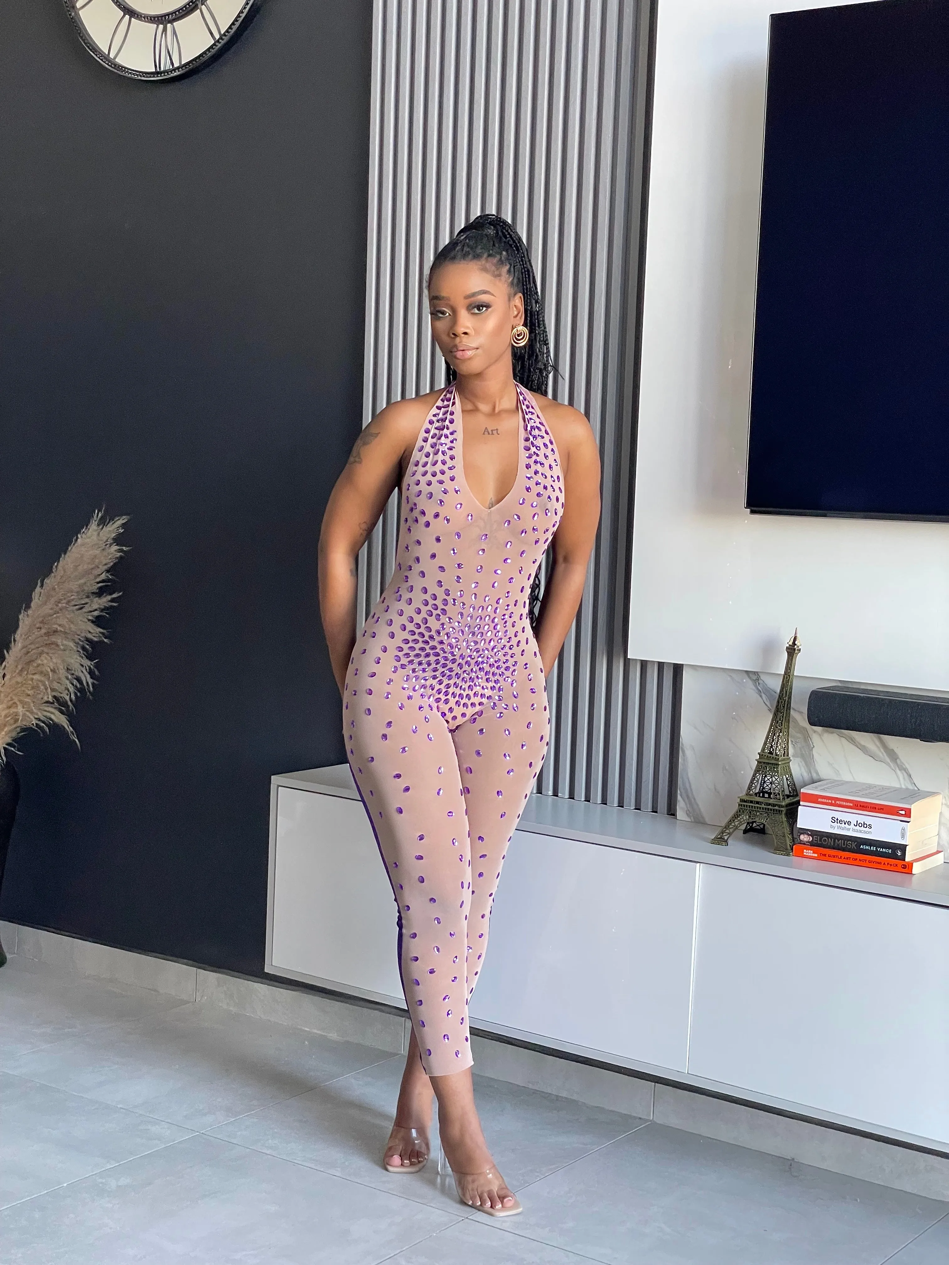 Me Wow Rhinestone Sheer Jumpsuit