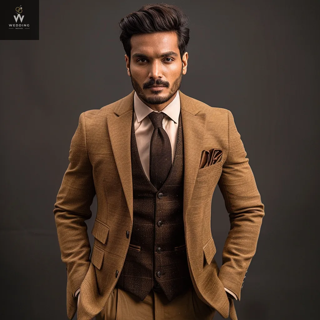 Men's Beige Three-Piece Suit – Single-Breasted Vest, Bespoke Wedding Attire, Custom Tailored Suits