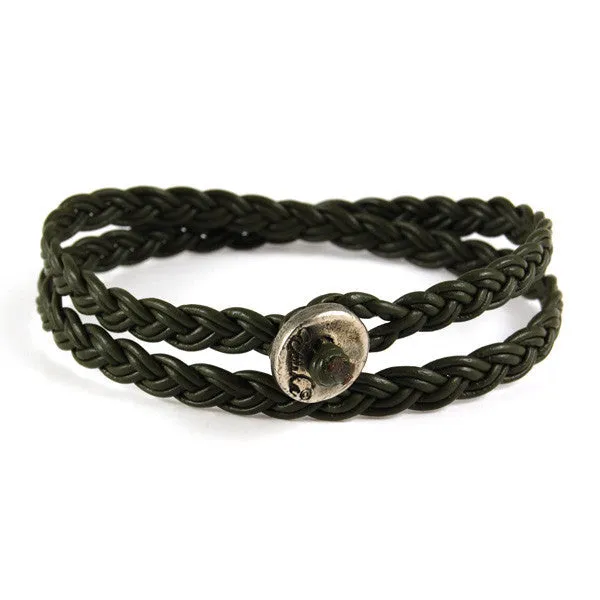 Mens Olive Leather Wrap Bracelet with Silver Button Closure