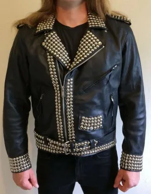Men's Studded Leather Motorcycle Jacket with Spikes and Vintage Design