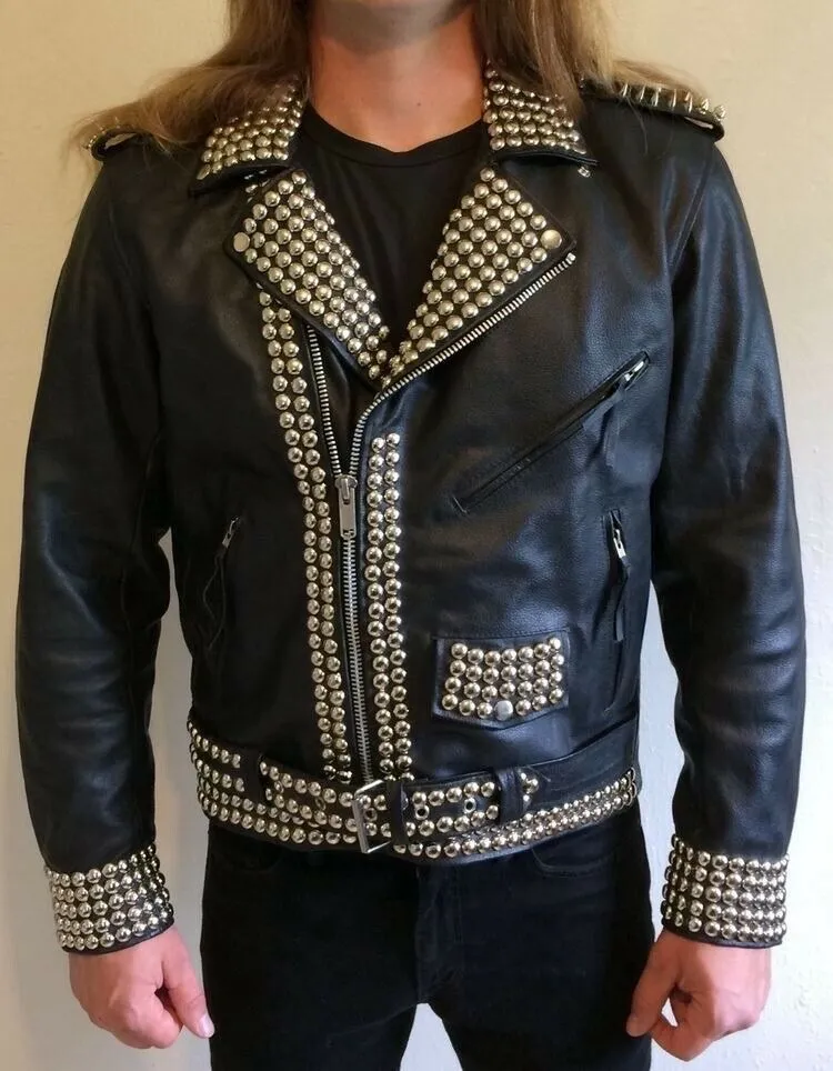 Men's Studded Leather Motorcycle Jacket with Spikes and Vintage Design