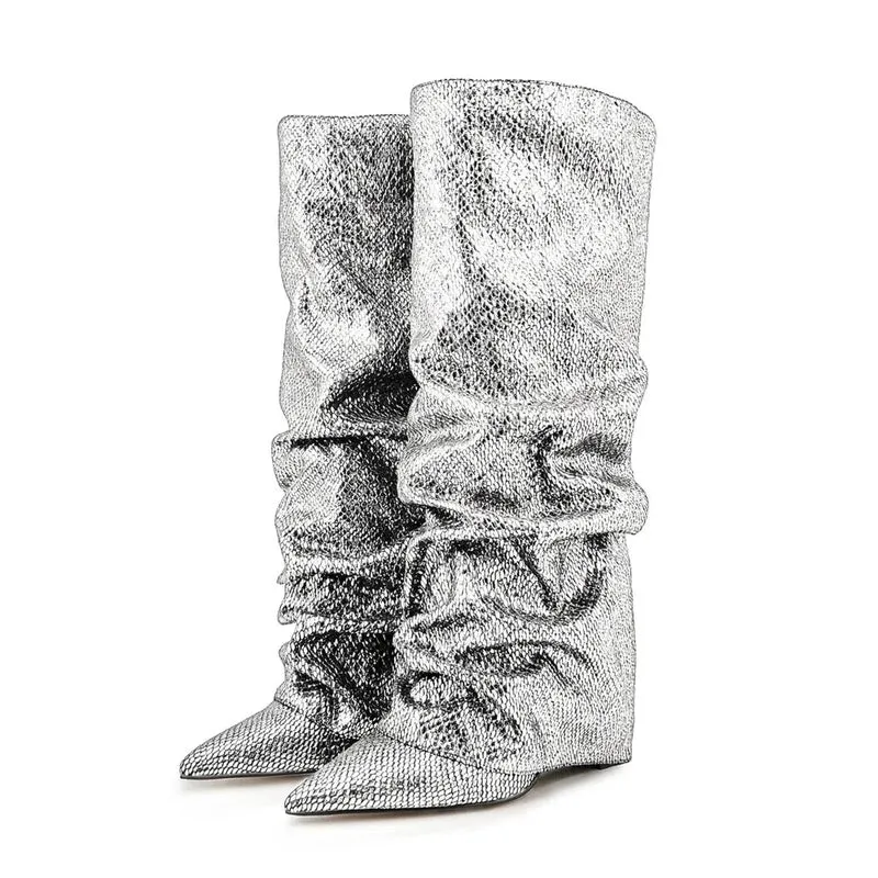 Merendy Yara pointed toe low heel slip-on Jeweled knee high boots