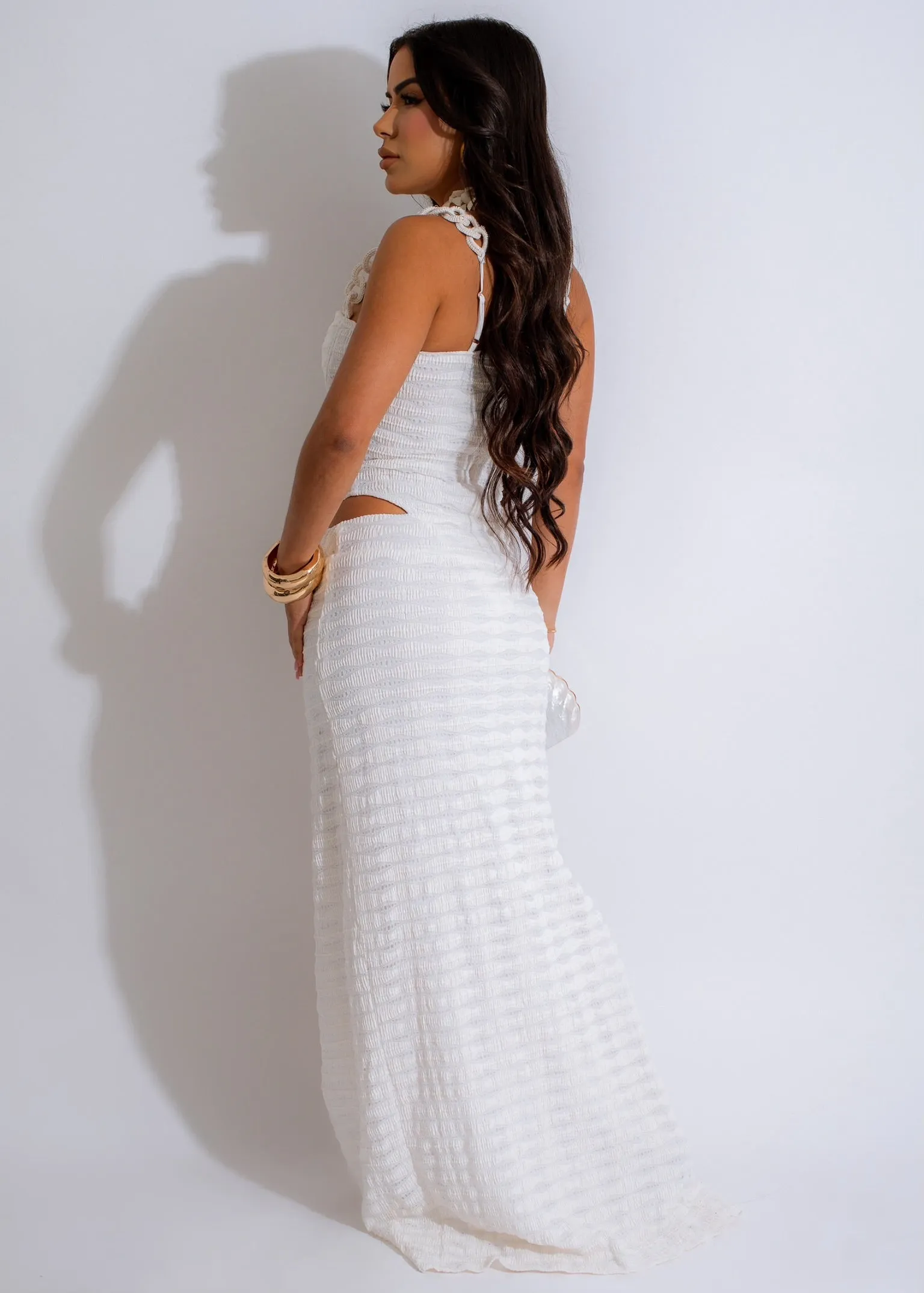 Midnight Elegance Ruched Skirt Set White