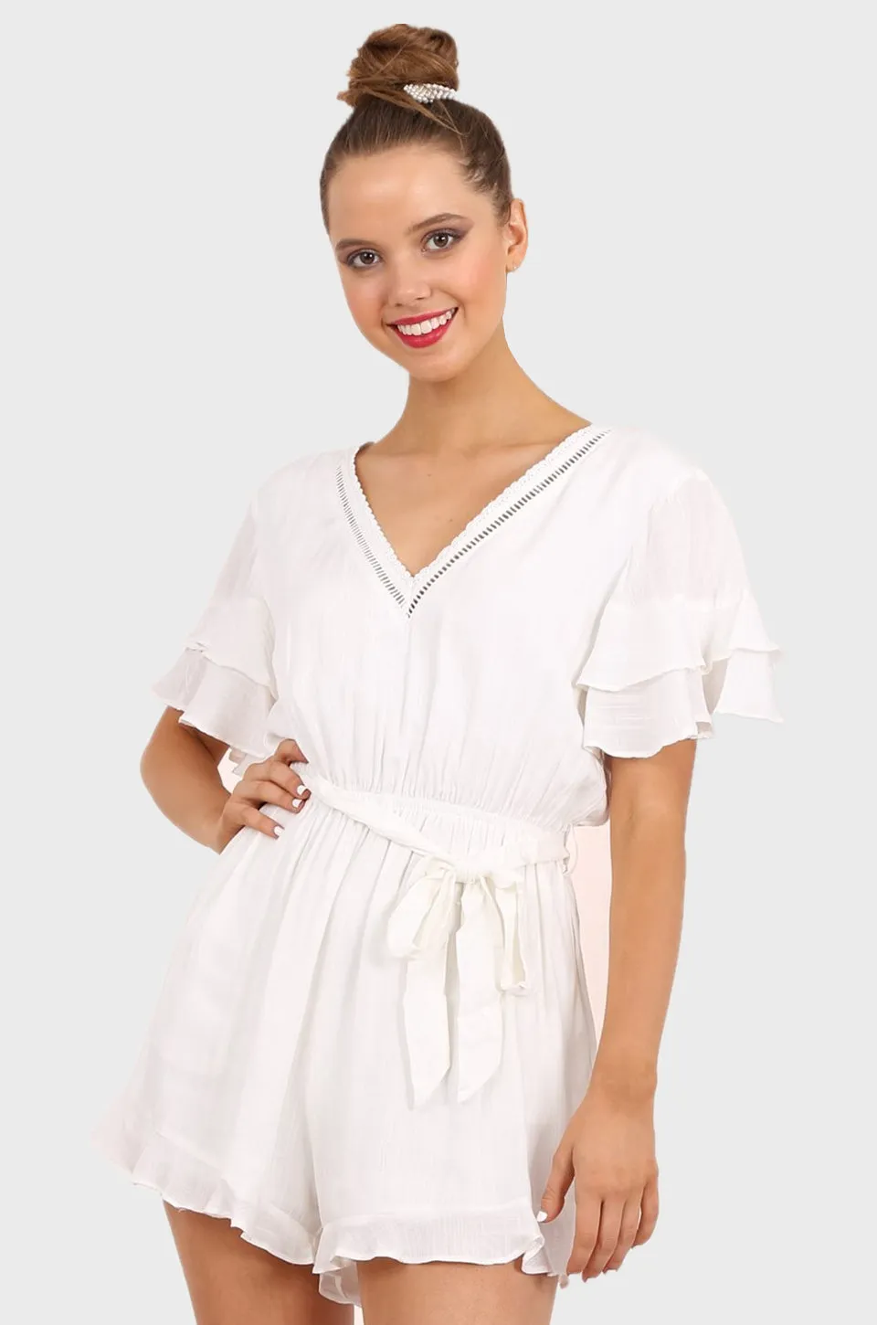 MISS PINKI Elisa ruffle sleeves Playsuit in white soft linen