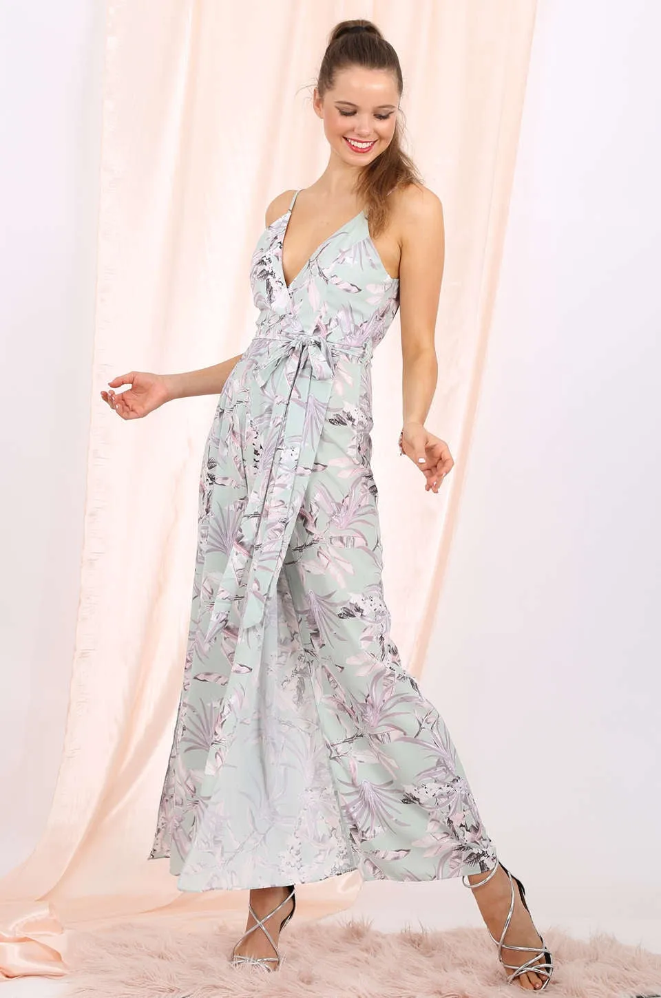 MISS PINKI Evie split leg Jumpsuit in mint floral