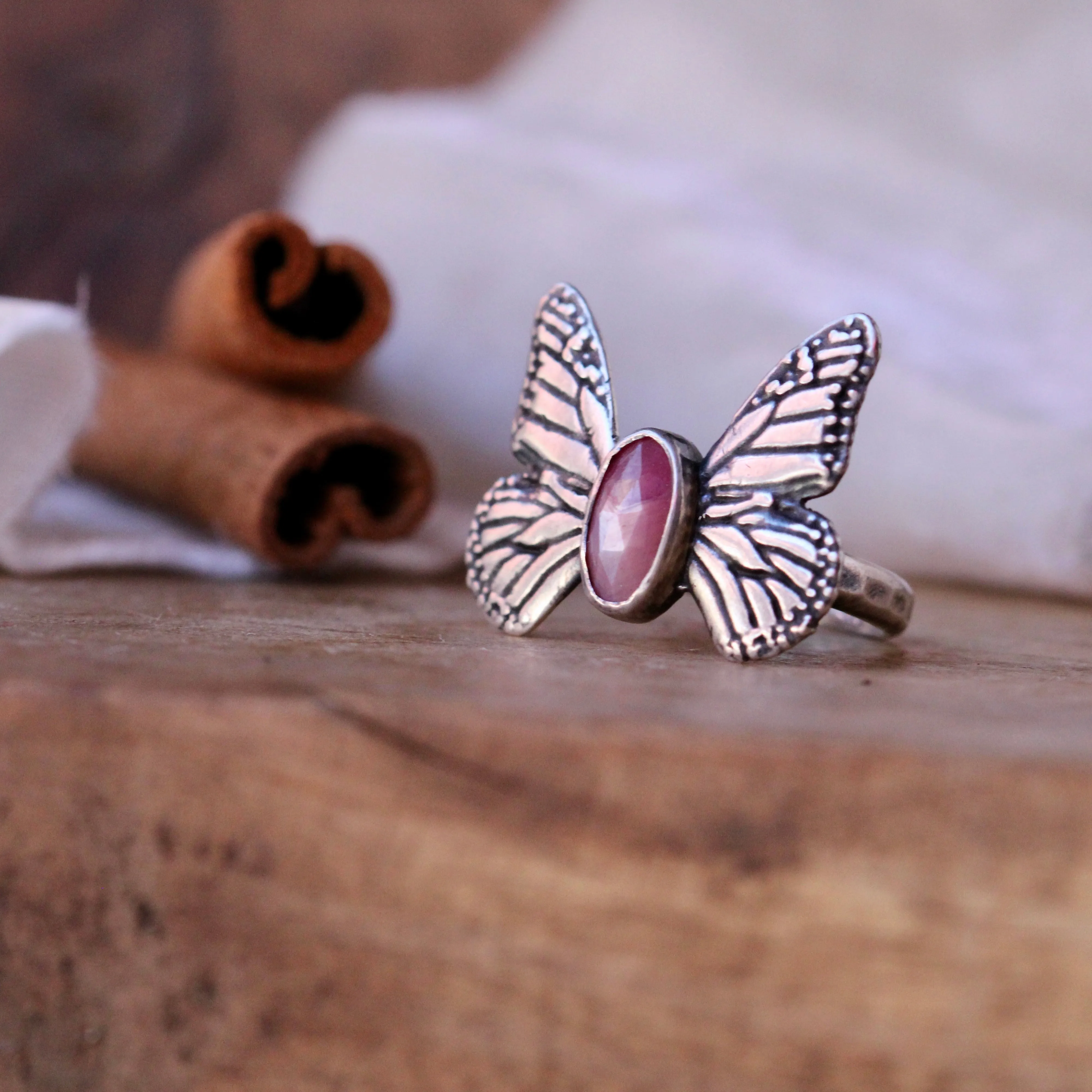 Monarch Butterfly Sterling Silver Ring with Ruby