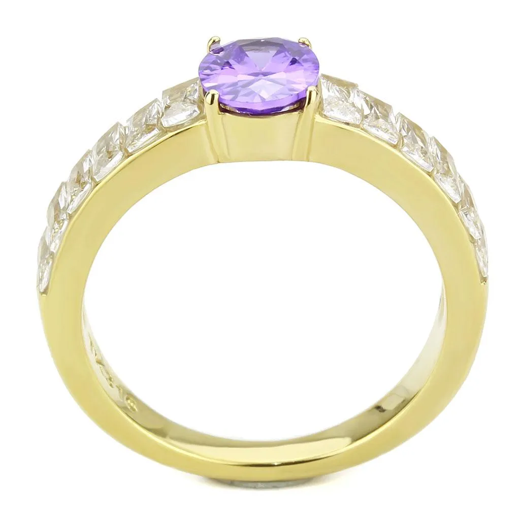 MT 1463 IP Gold(Ion Plating) Stainless Steel Ring with Oval Center Crystal in Tanzanite & Clear Baguettes