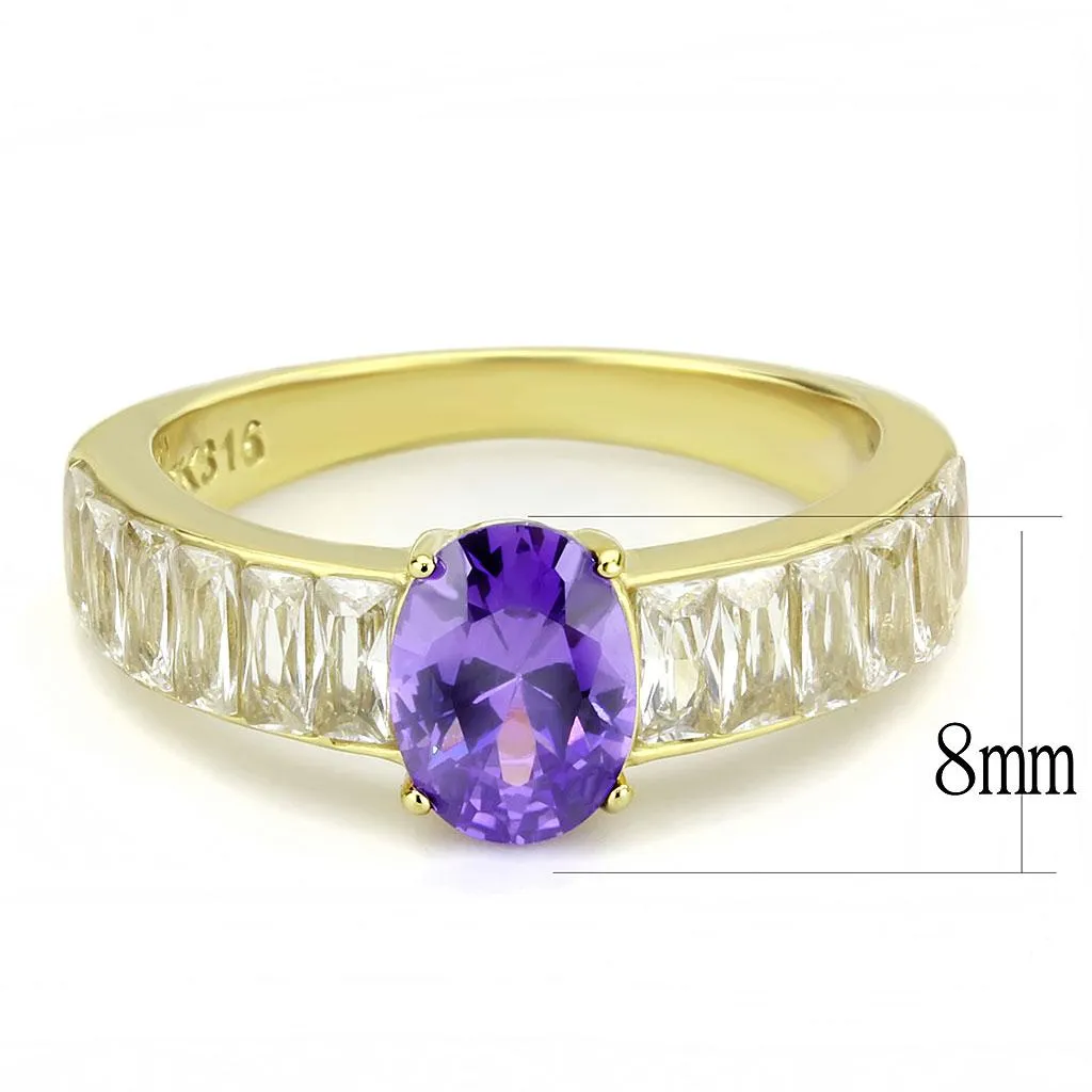 MT 1463 IP Gold(Ion Plating) Stainless Steel Ring with Oval Center Crystal in Tanzanite & Clear Baguettes