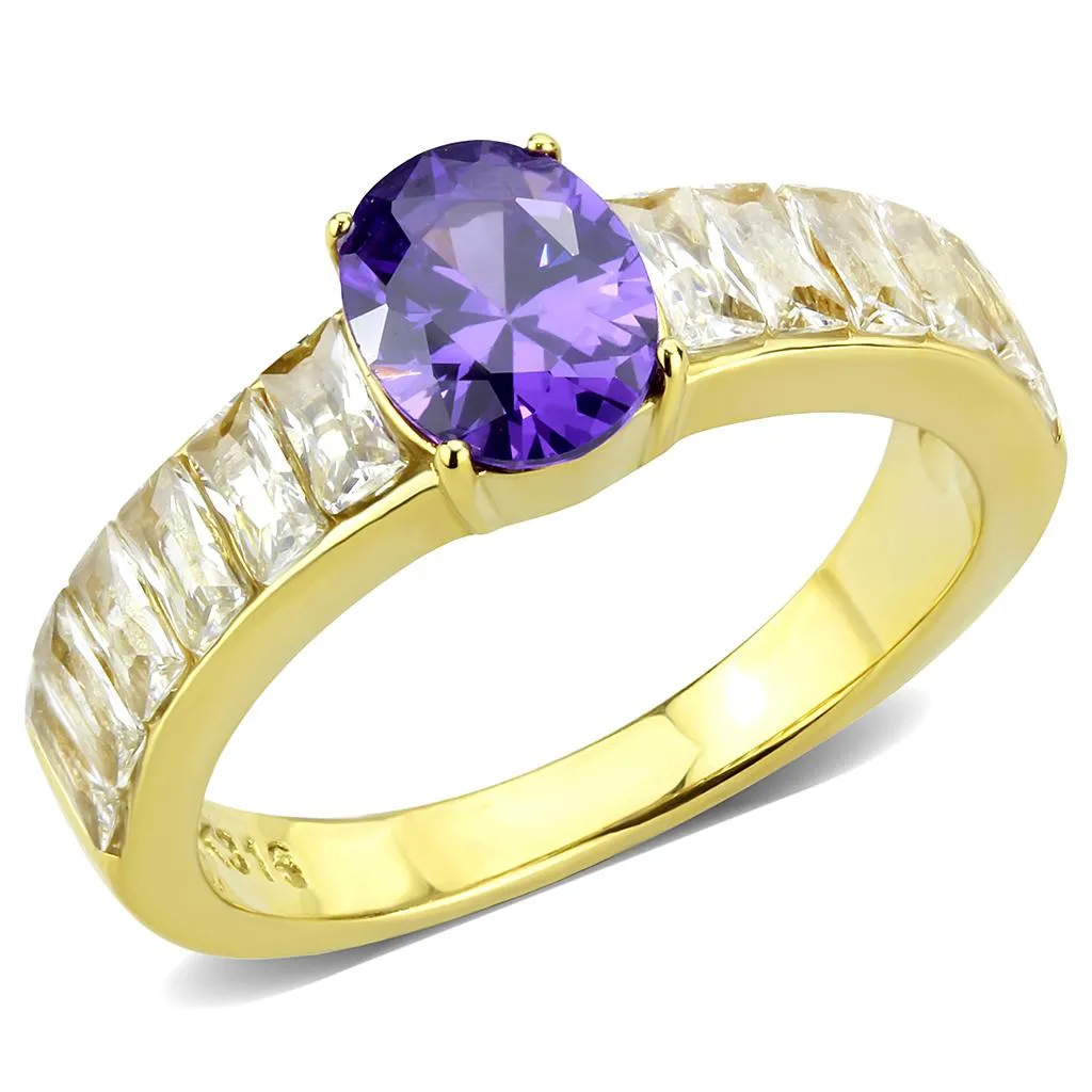 MT 1463 IP Gold(Ion Plating) Stainless Steel Ring with Oval Center Crystal in Tanzanite & Clear Baguettes