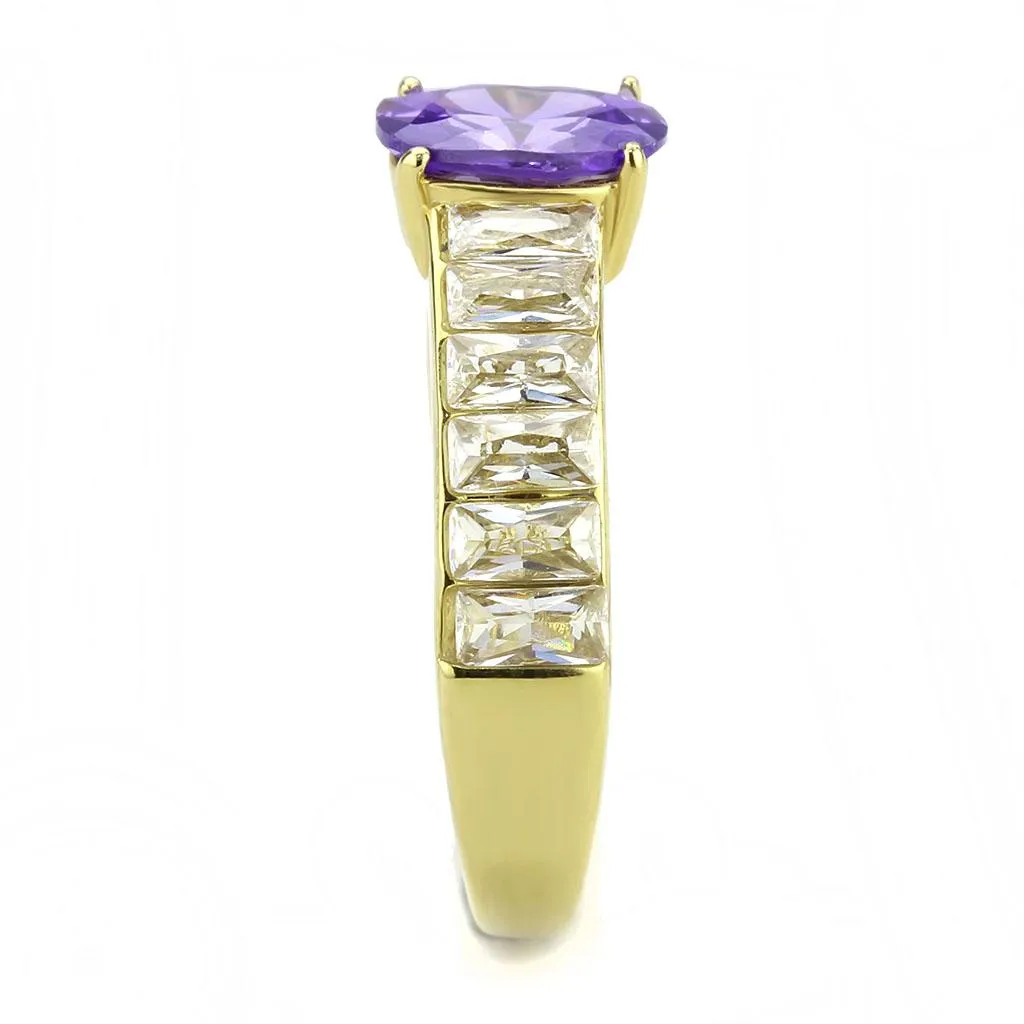 MT 1463 IP Gold(Ion Plating) Stainless Steel Ring with Oval Center Crystal in Tanzanite & Clear Baguettes