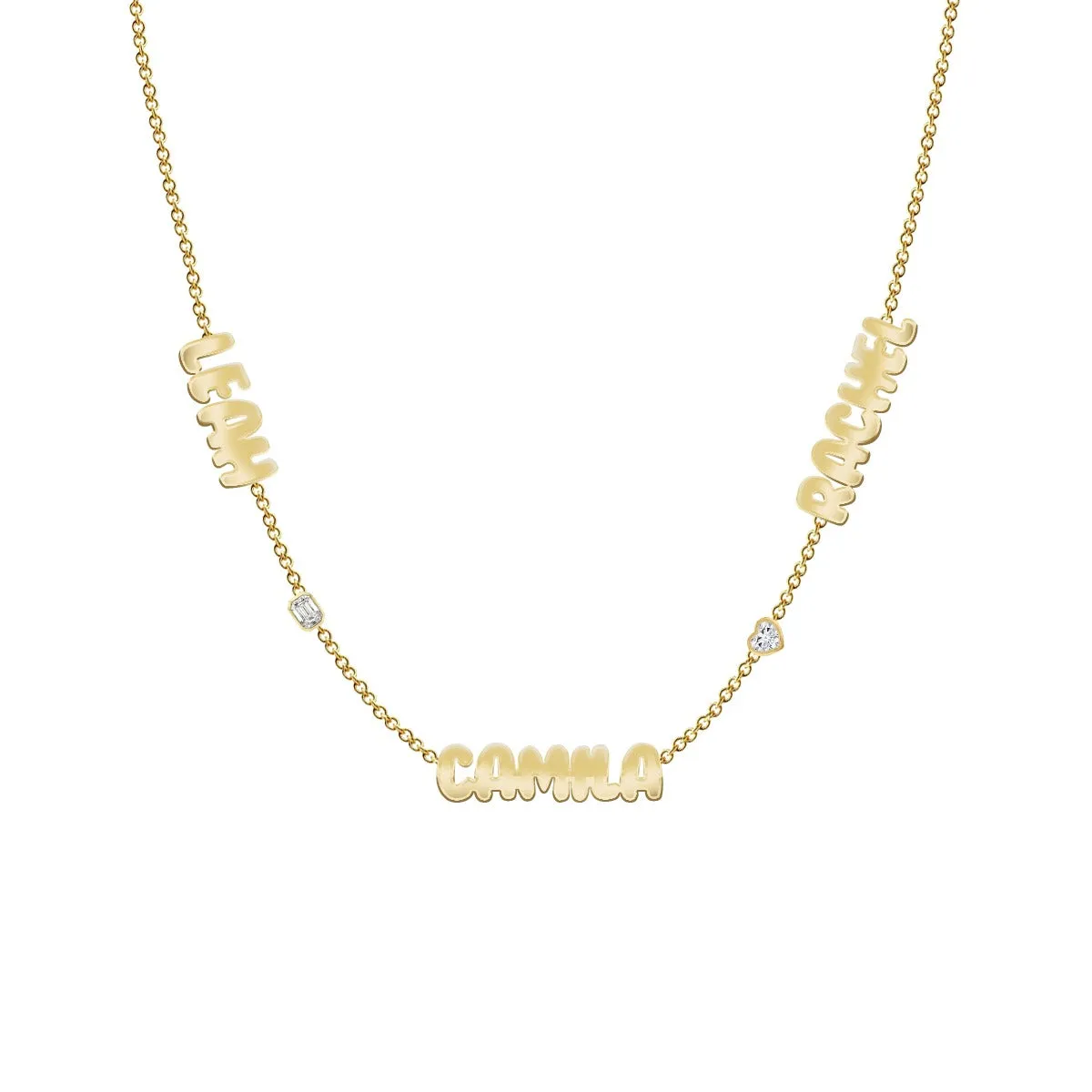 Multiple Cutout Gold Names and Multi Shape Diamonds Necklace