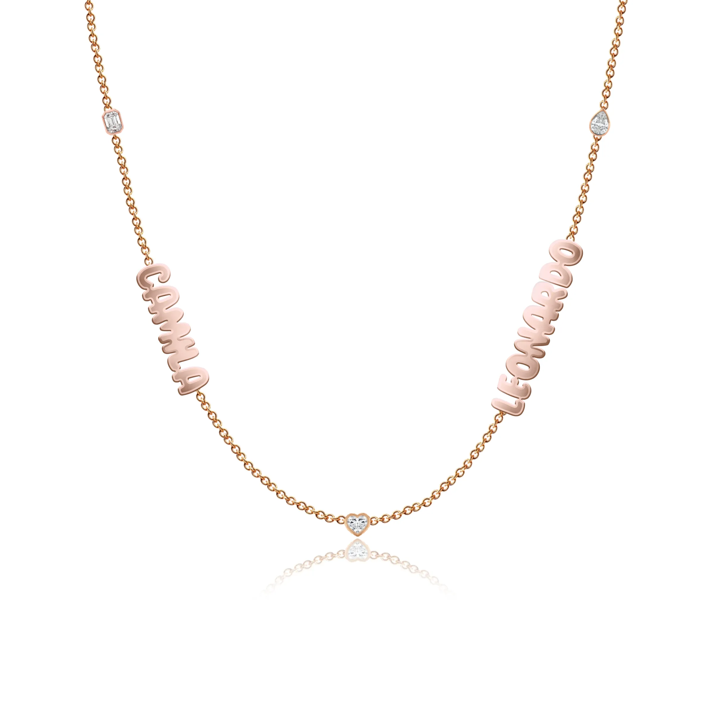 Multiple Cutout Gold Names and Multi Shape Diamonds Necklace