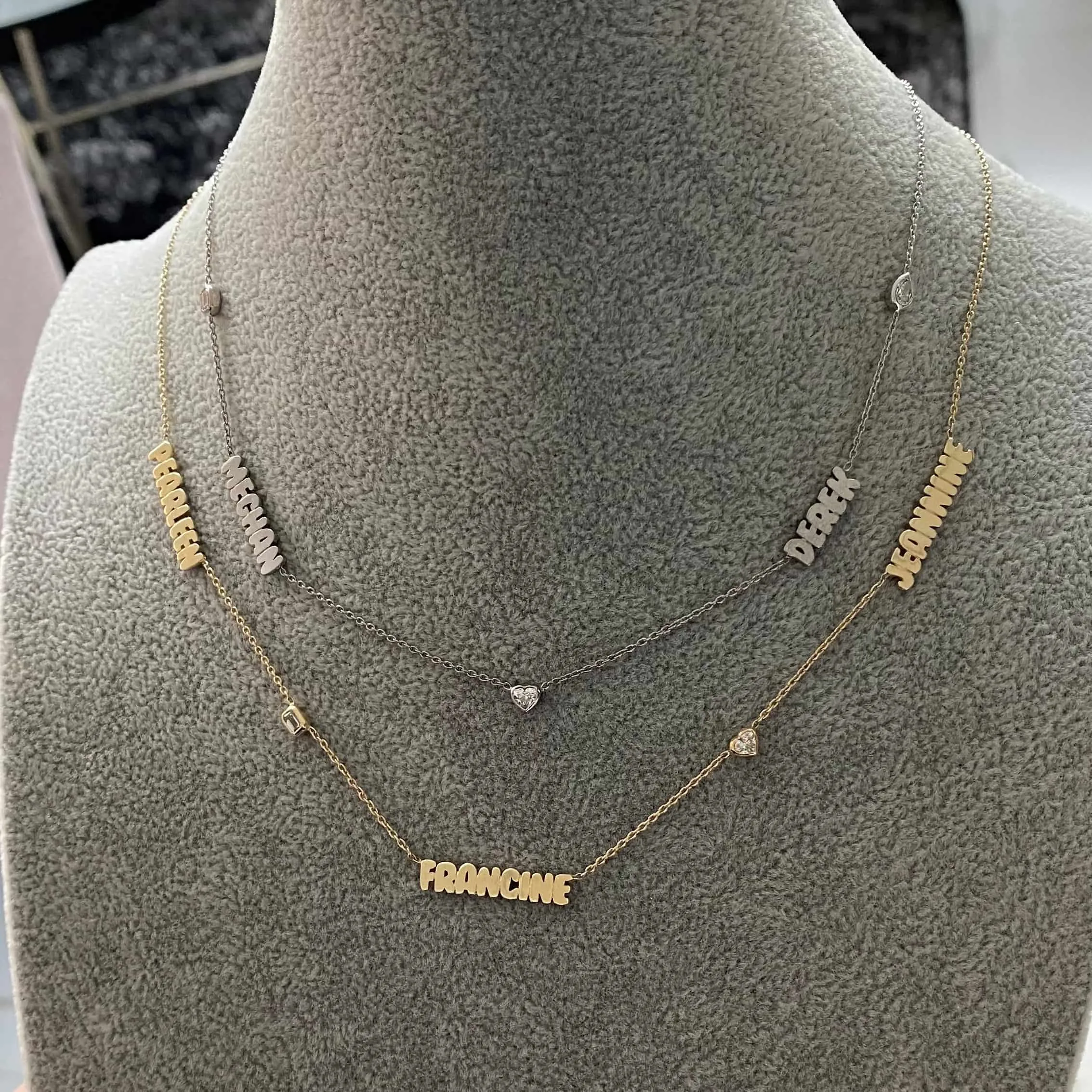 Multiple Cutout Gold Names and Multi Shape Diamonds Necklace