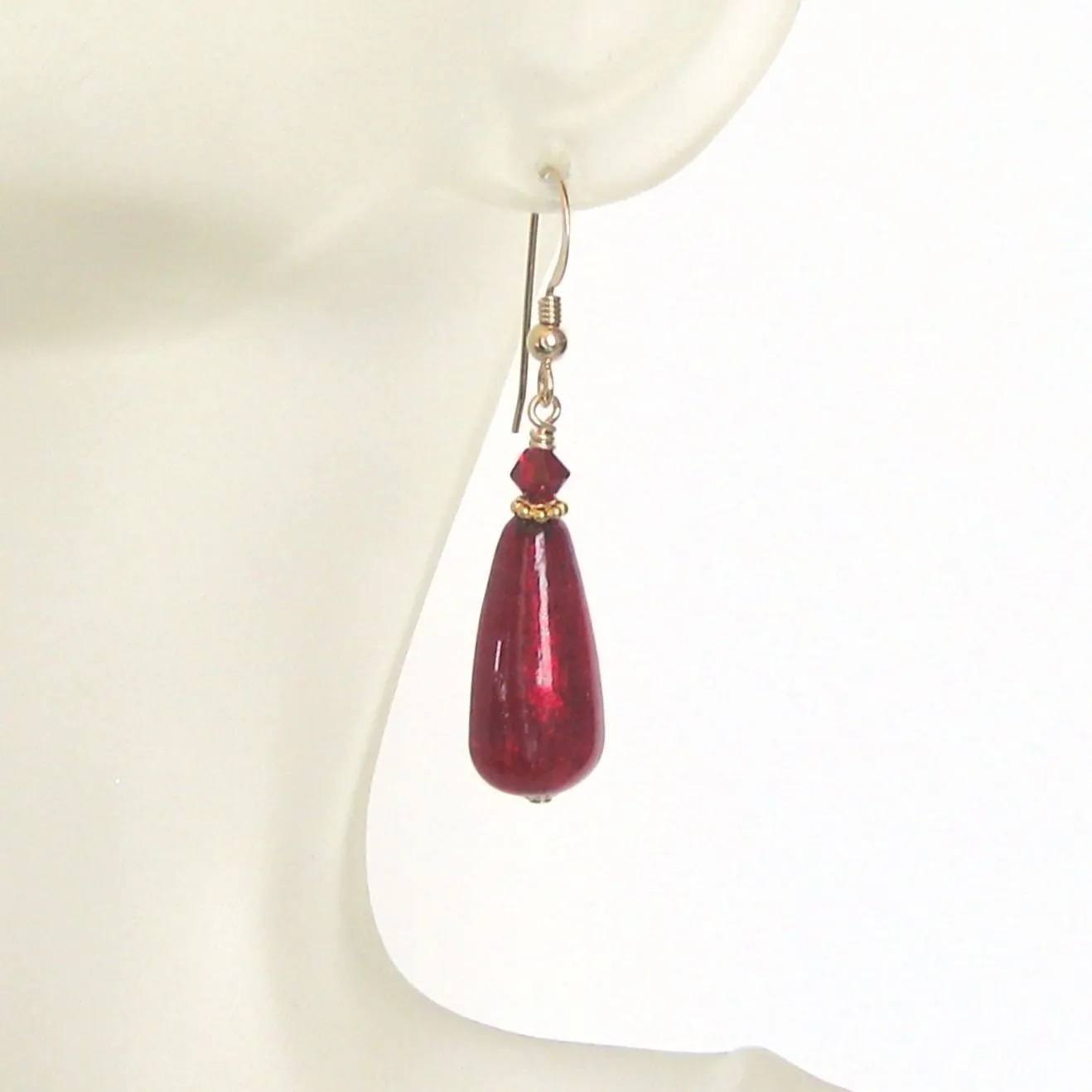 Murano Glass Red Teardrop Gold Earrings by JKC Murano