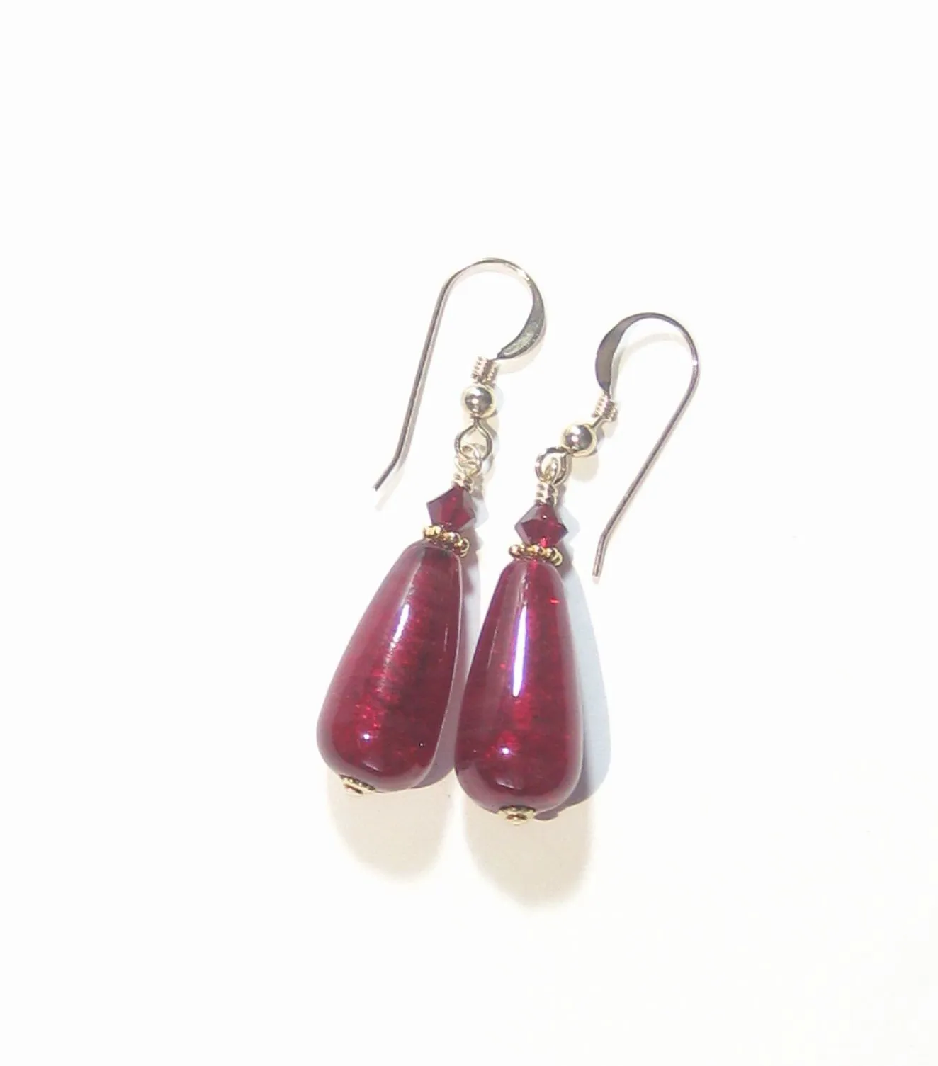 Murano Glass Red Teardrop Gold Earrings by JKC Murano
