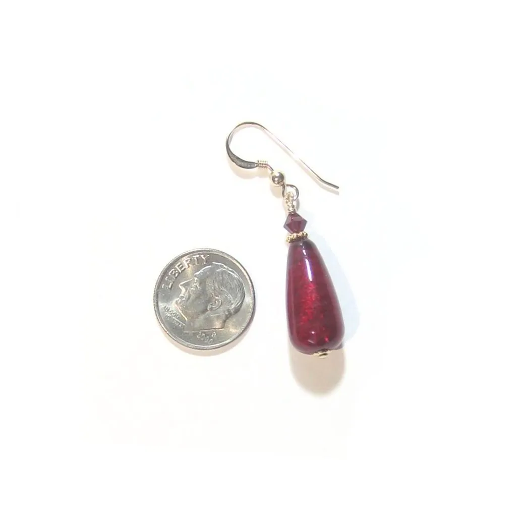 Murano Glass Red Teardrop Gold Earrings by JKC Murano