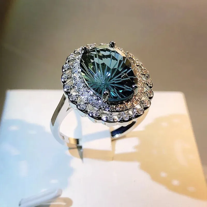 Natural Brazil Green Crystal Ring 925 Sterling Silver Fine Wedding Jewelry