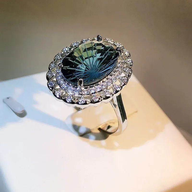 Natural Brazil Green Crystal Ring 925 Sterling Silver Fine Wedding Jewelry