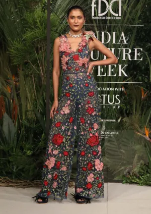 Navy blue floral embroidered jumpsuit
