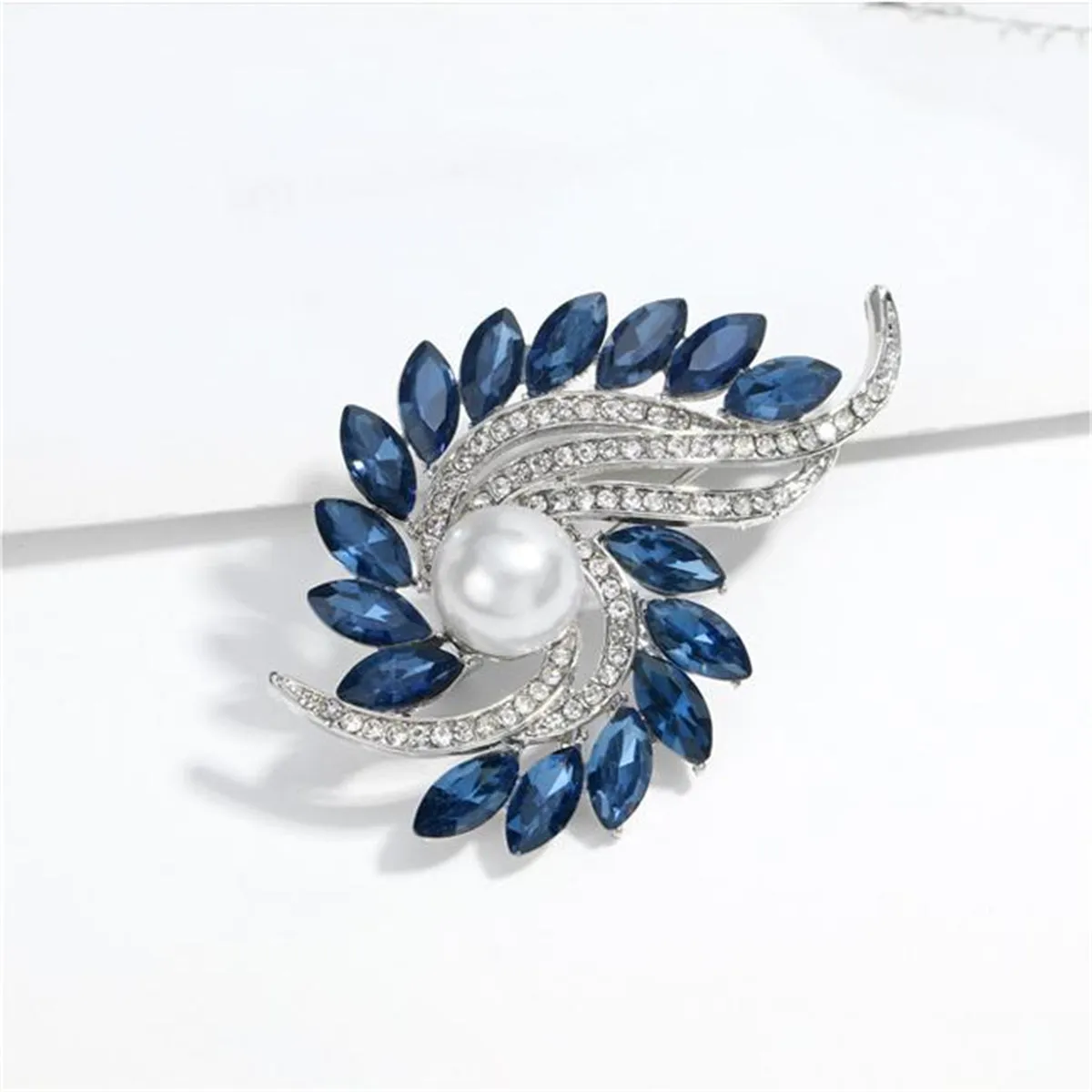 Navy Crystal & Cubic Zirconia Botanical Brooch