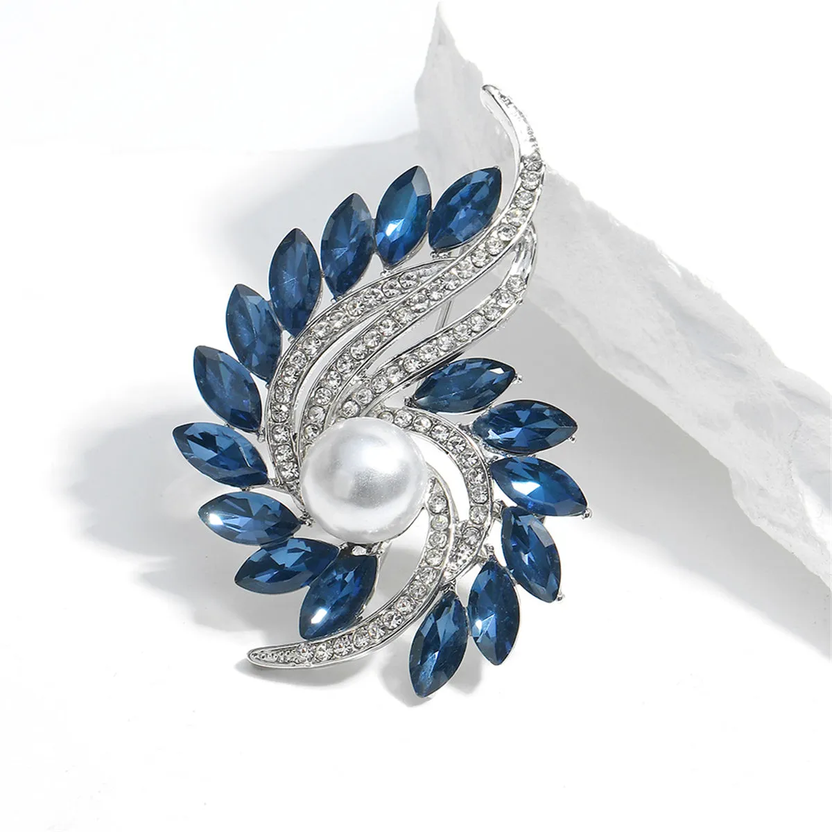 Navy Crystal & Cubic Zirconia Botanical Brooch