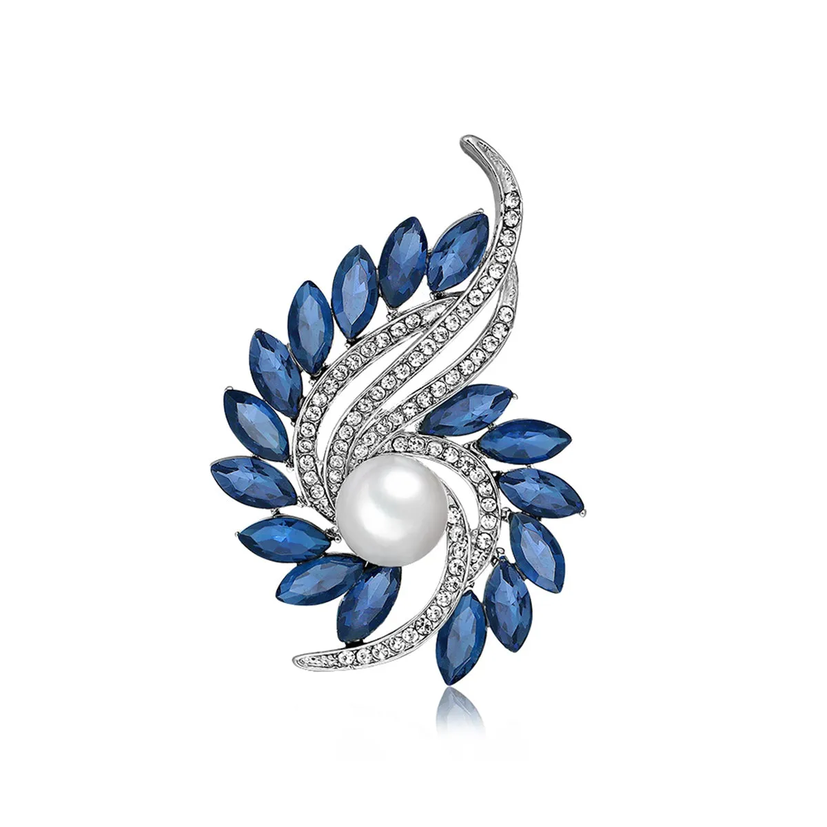 Navy Crystal & Cubic Zirconia Botanical Brooch