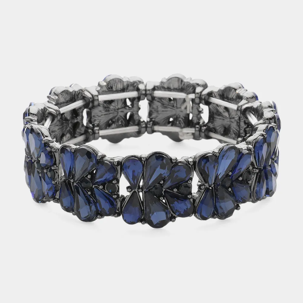 Navy Crystal Teardrop Cluster Stretch Pageant Bracelet | Prom Bracelet | 644534