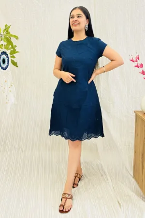 Navy Schiffli Embroidered Shift Dress With Pockets