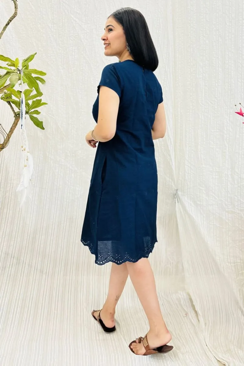 Navy Schiffli Embroidered Shift Dress With Pockets