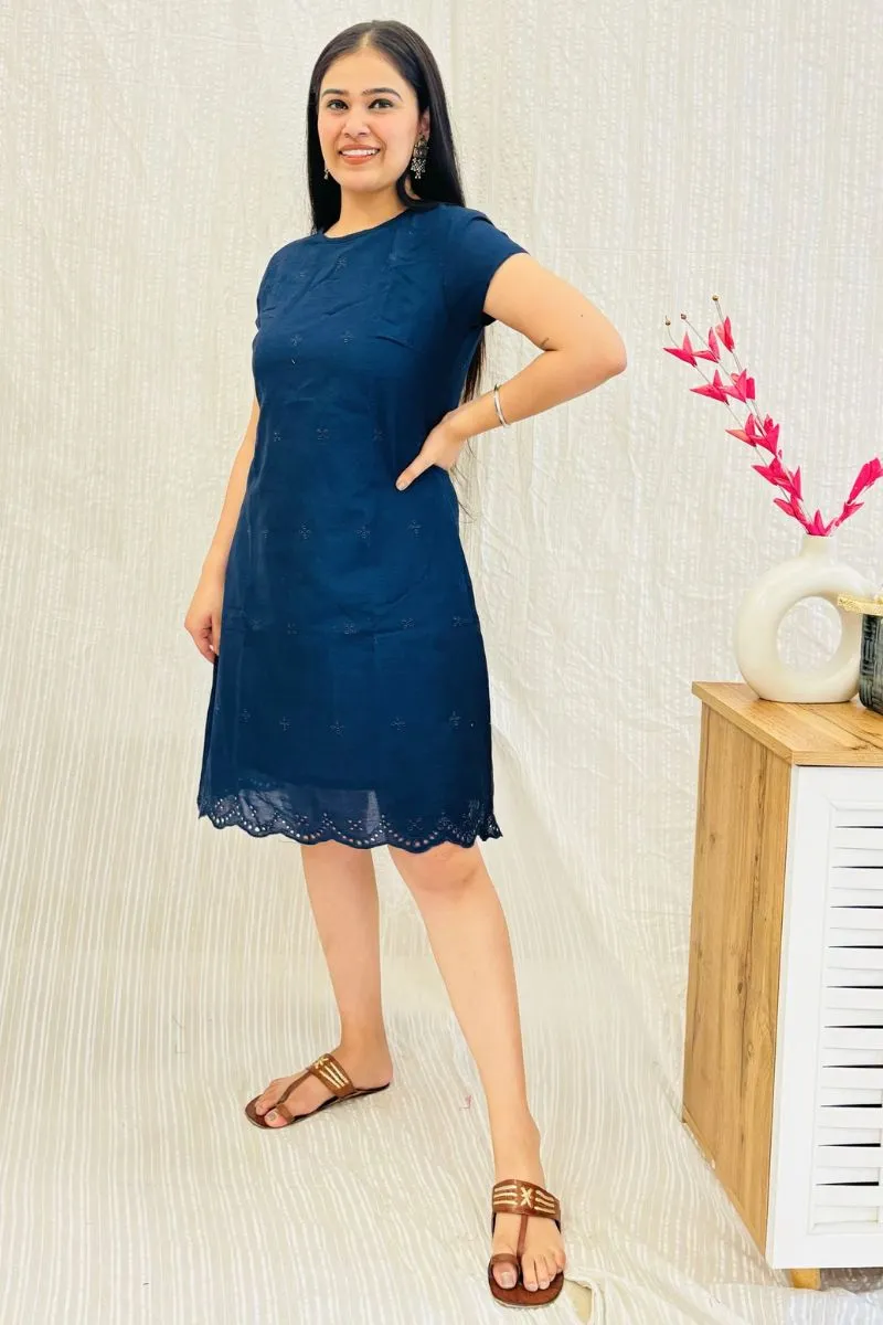 Navy Schiffli Embroidered Shift Dress With Pockets
