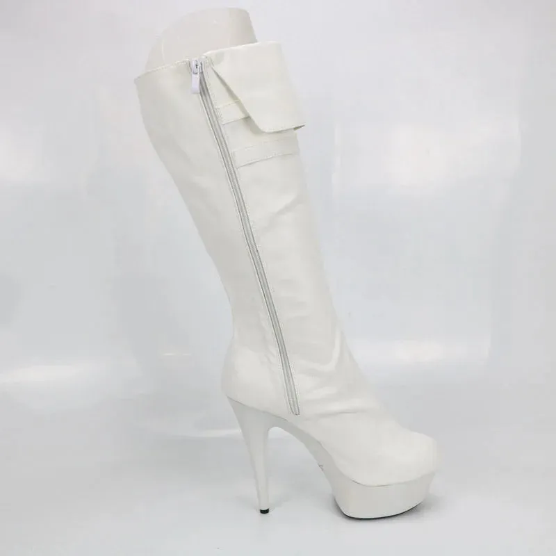 New White Knee-High  Large Size 15CM High Heels Round Toe Punk Women Boots