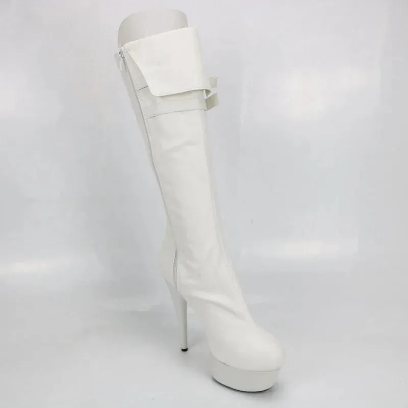 New White Knee-High  Large Size 15CM High Heels Round Toe Punk Women Boots