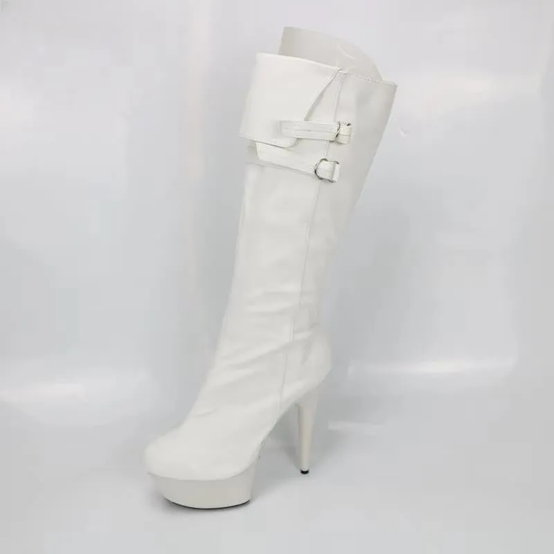 New White Knee-High  Large Size 15CM High Heels Round Toe Punk Women Boots