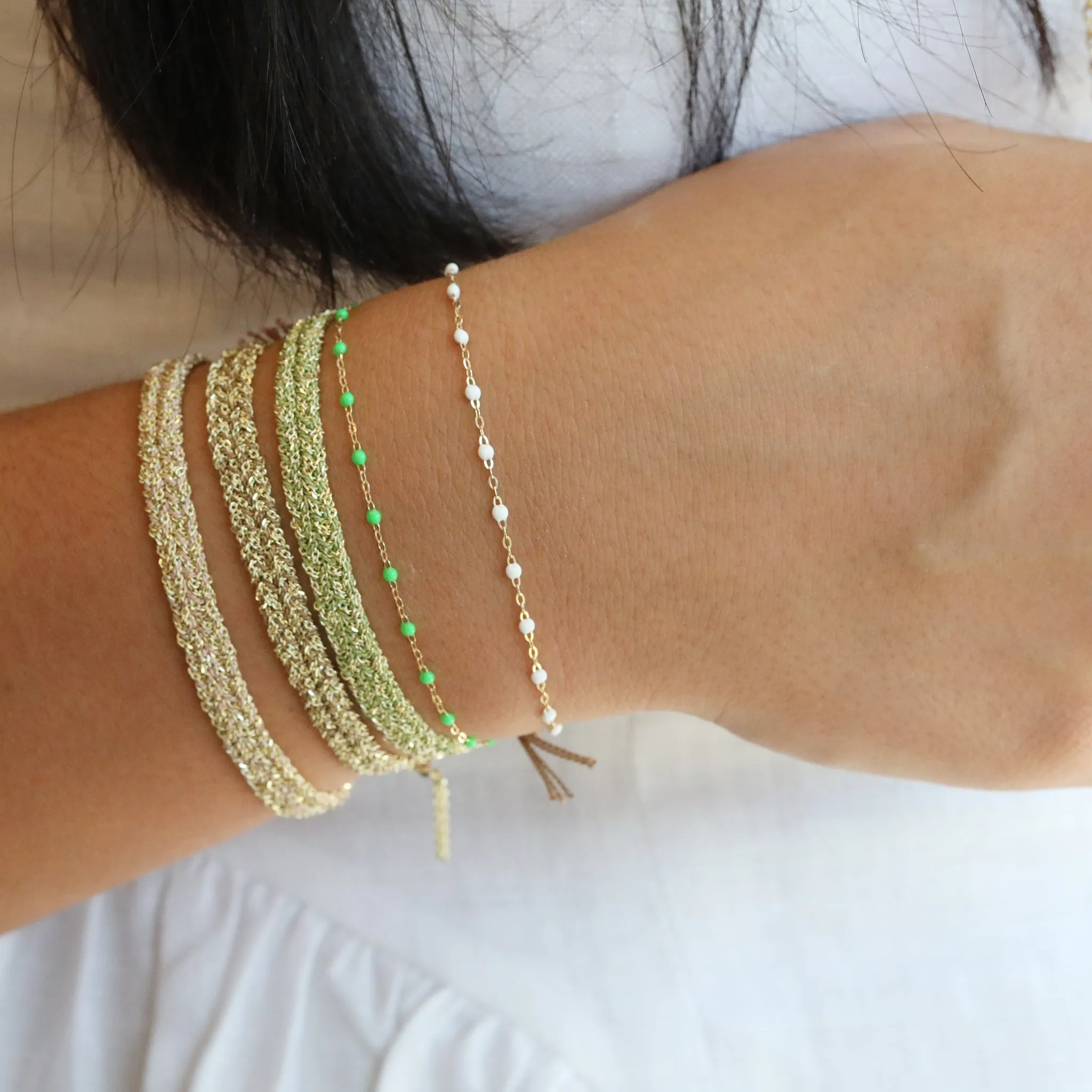 Nude Silk and Yellow Gold Vermeil Chain Woven Bracelet