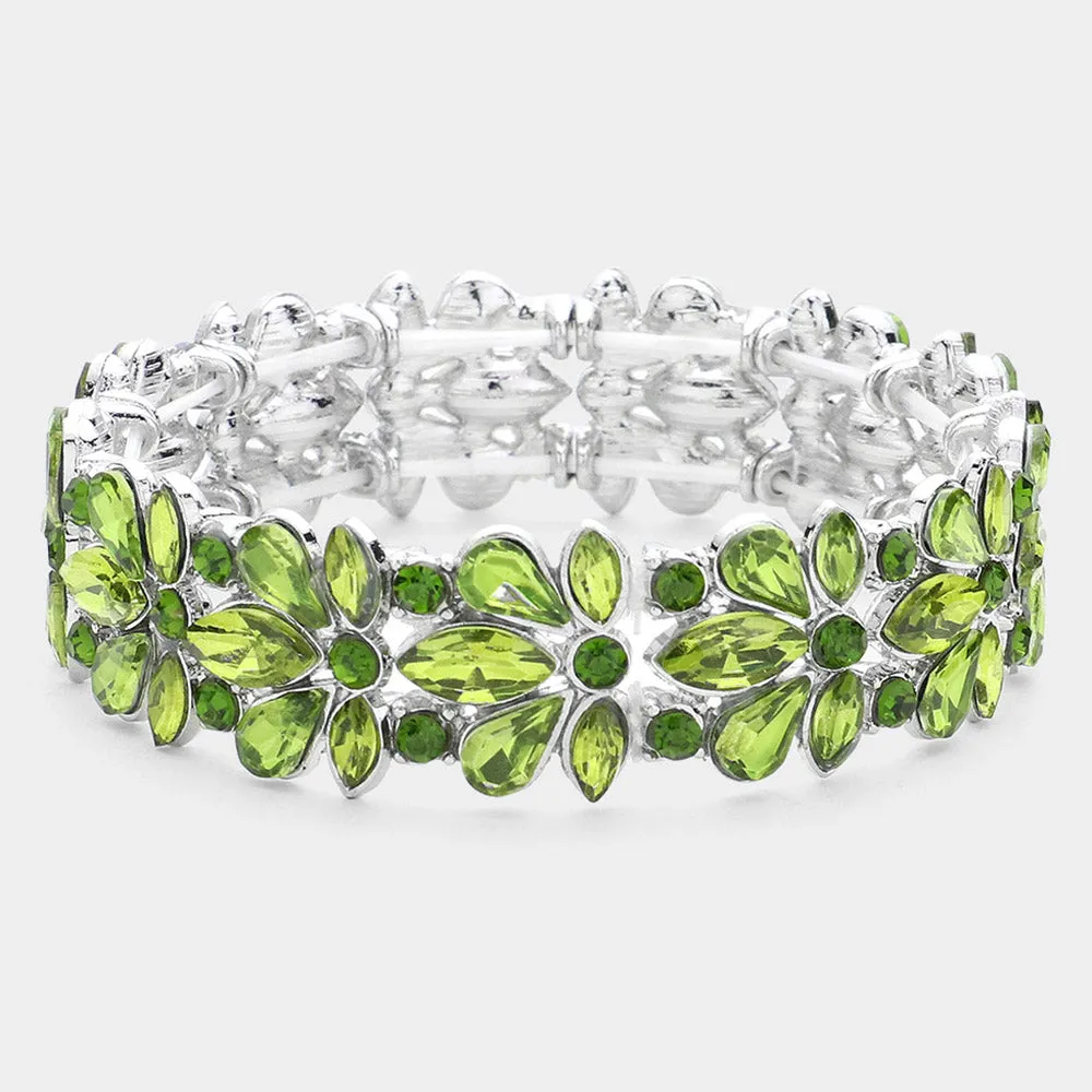 Olive Green Crystal Flower Stretch Pageant Bracelet  | Prom Bracelet | 627081