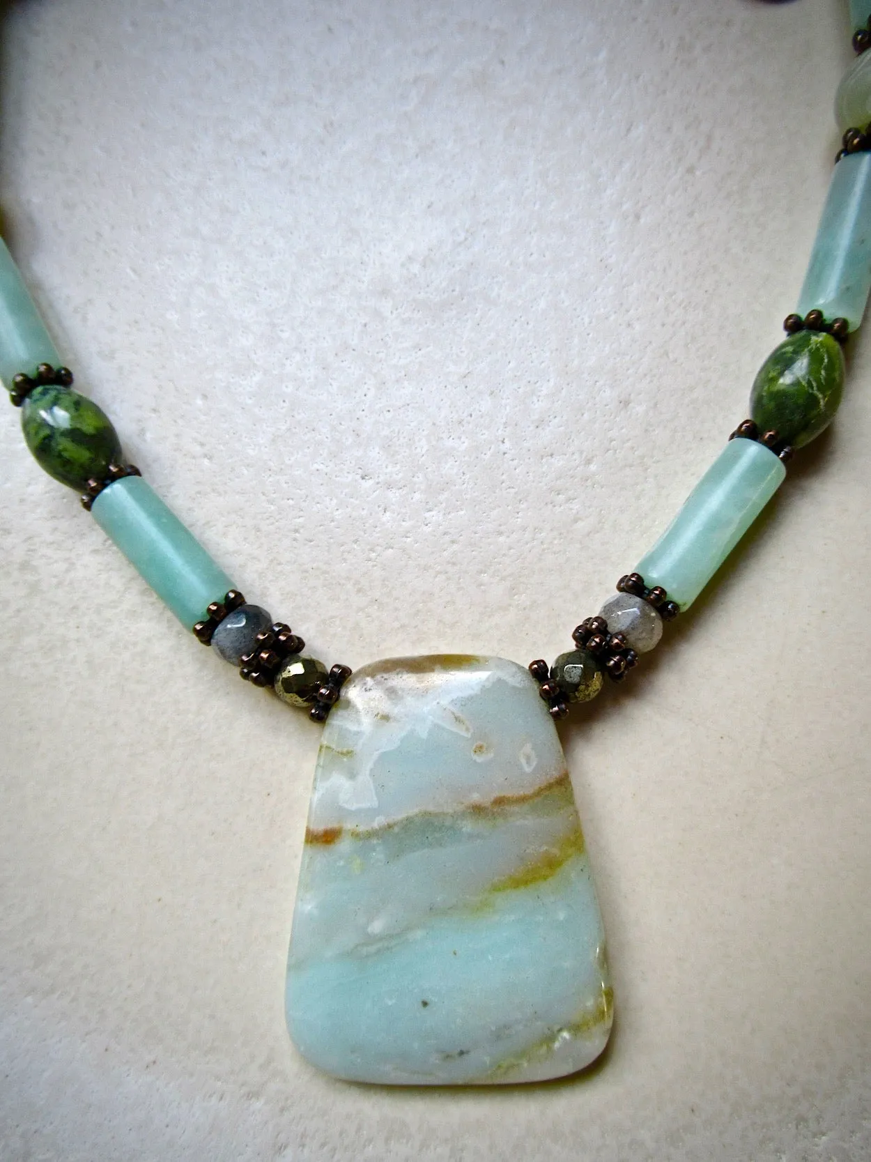 One of a Kind, Aqua Amazonite and Jade Beaded Necklace