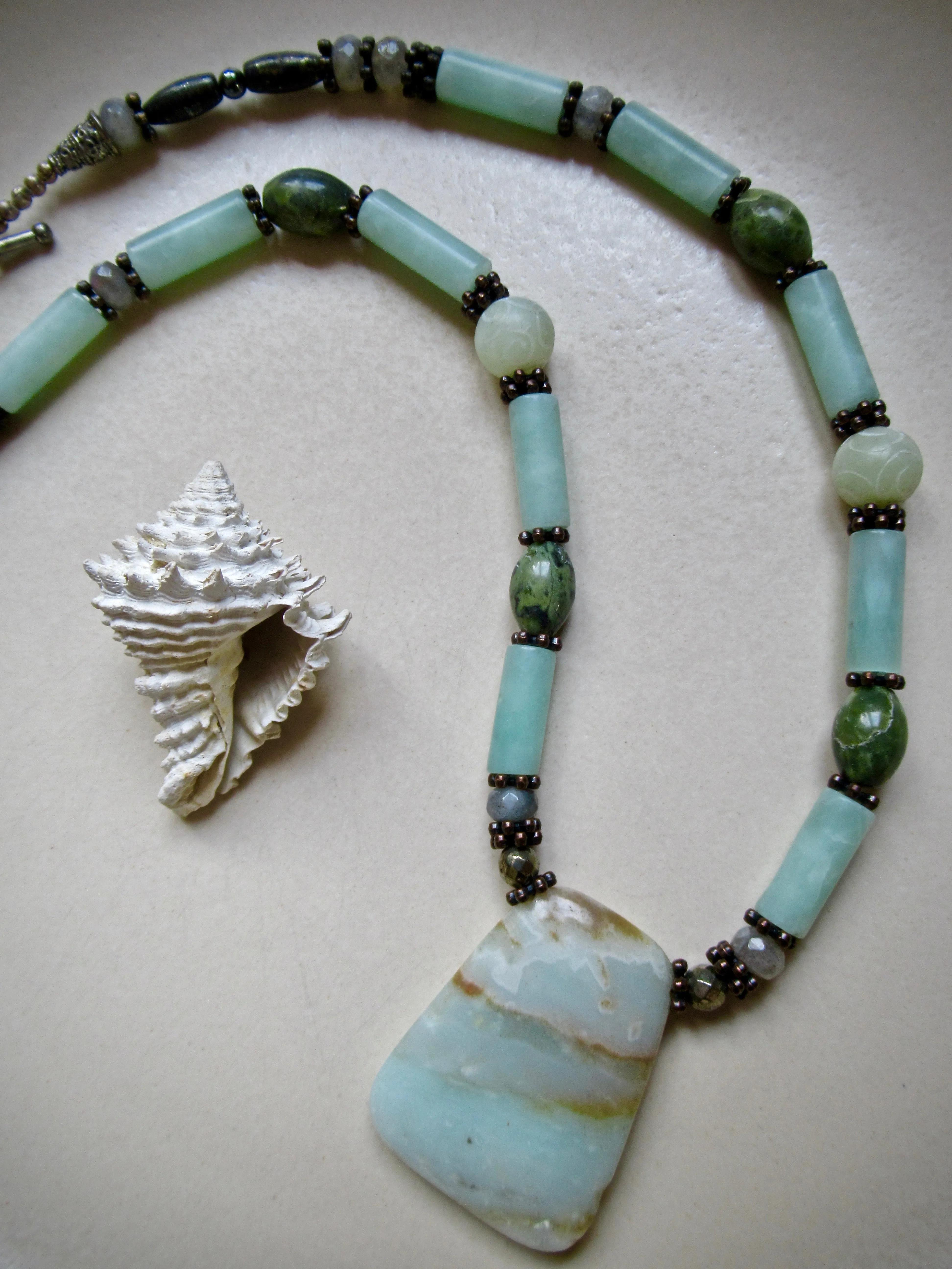 One of a Kind, Aqua Amazonite and Jade Beaded Necklace