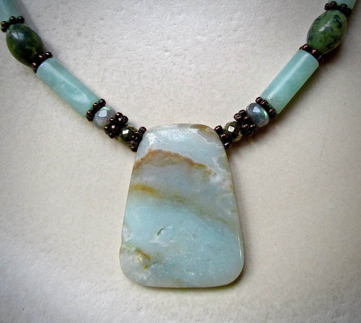 One of a Kind, Aqua Amazonite and Jade Beaded Necklace