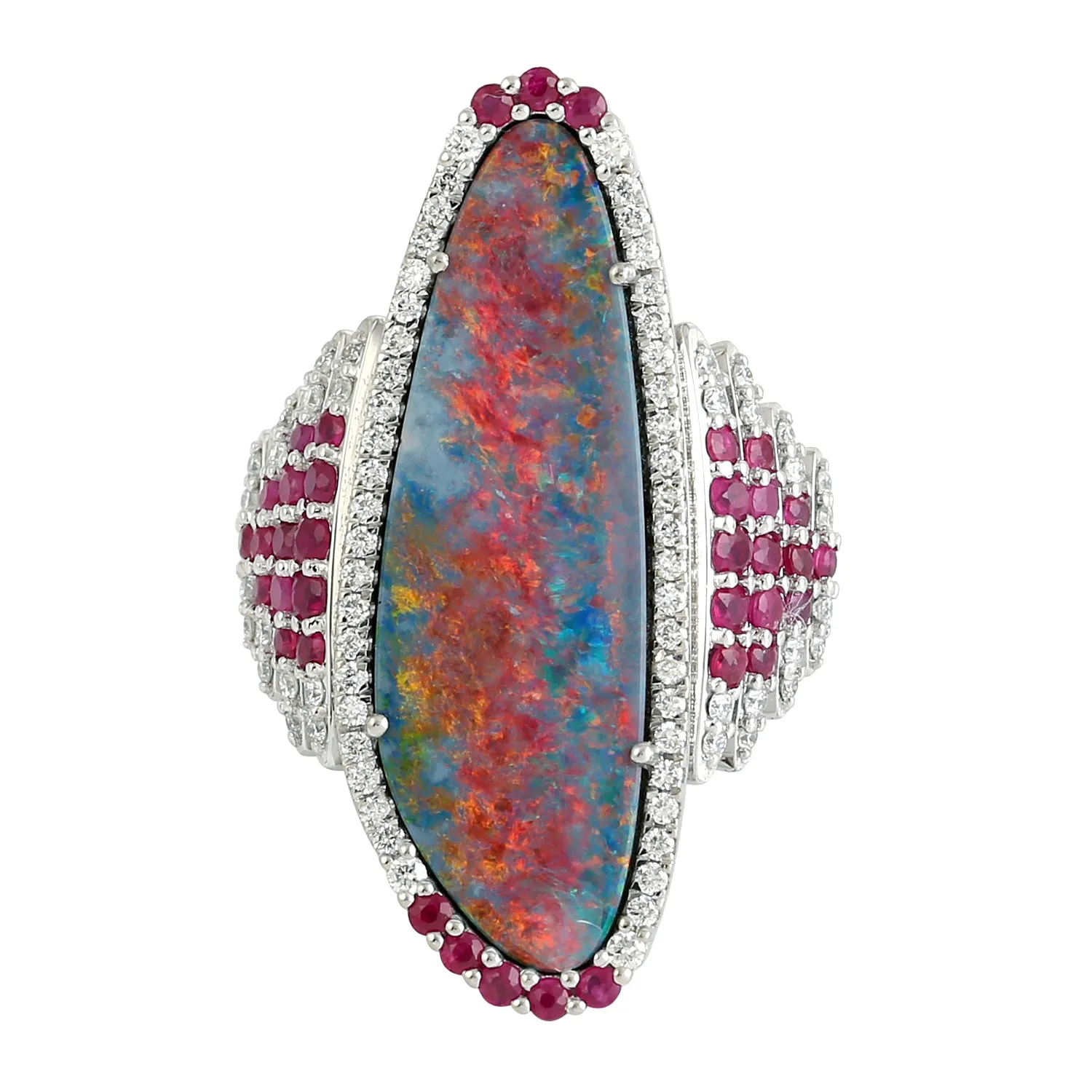 Opal Doublet Pave Diamond 18k White Gold Handmade Cocktail Ring For Women