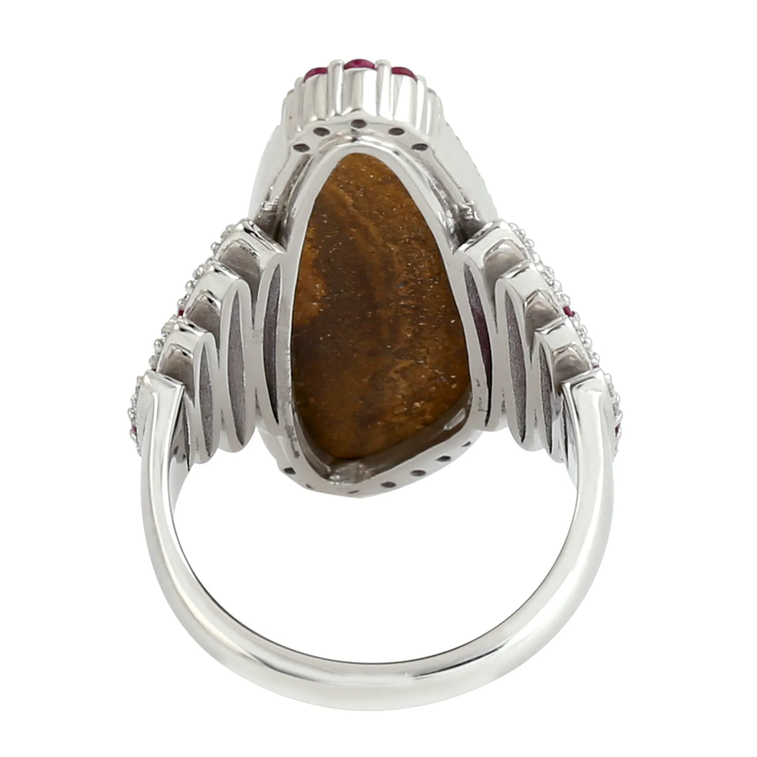 Opal Doublet Pave Diamond 18k White Gold Handmade Cocktail Ring For Women