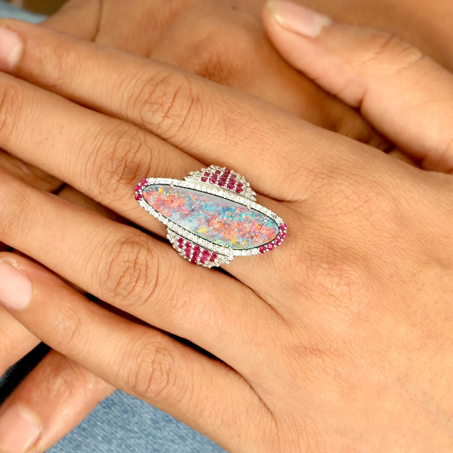 Opal Doublet Pave Diamond 18k White Gold Handmade Cocktail Ring For Women