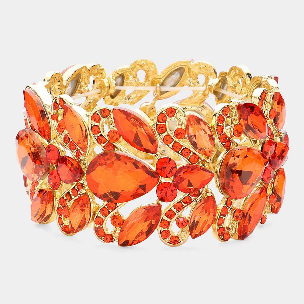 Orange Chunky Crystal Teardrop Pageant Stretch Bracelet  | Prom Bracelet |  636844