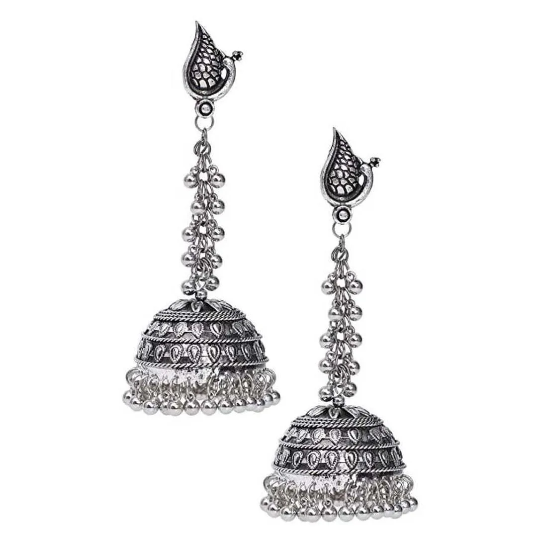 Oxidised Peacock Design Black Silver Jhumka