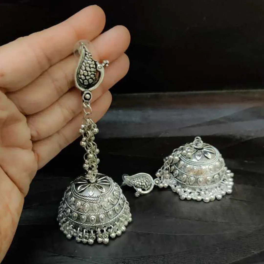 Oxidised Peacock Design Black Silver Jhumka
