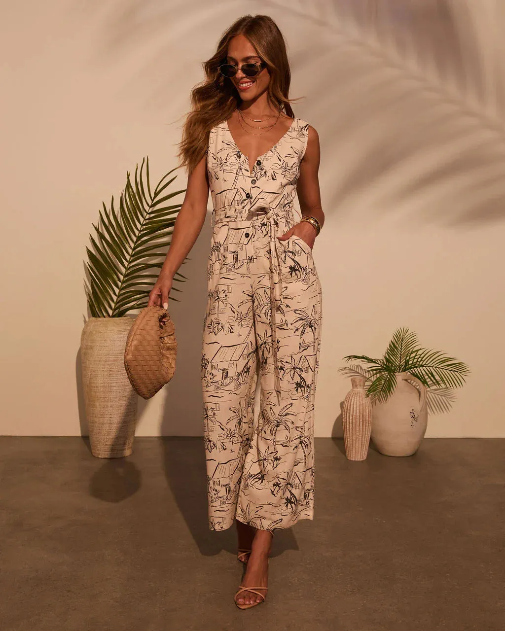 Palm Party Printed Waist Tie Jumpsuit