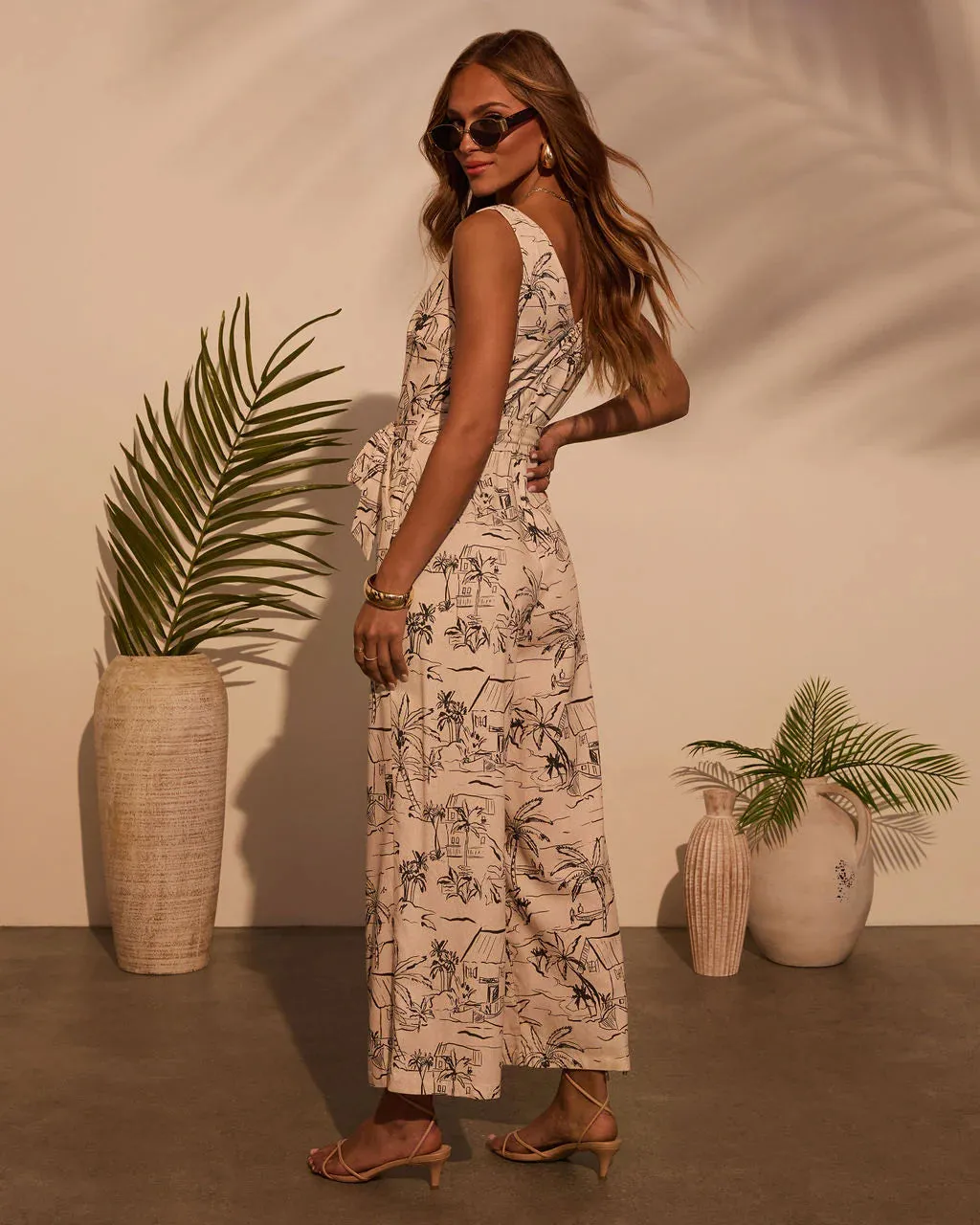 Palm Party Printed Waist Tie Jumpsuit