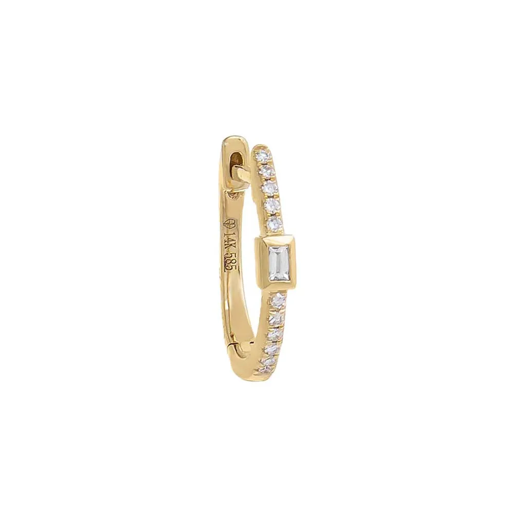 Pavé Diamond & Baguette Bezel Huggie Earring 14K