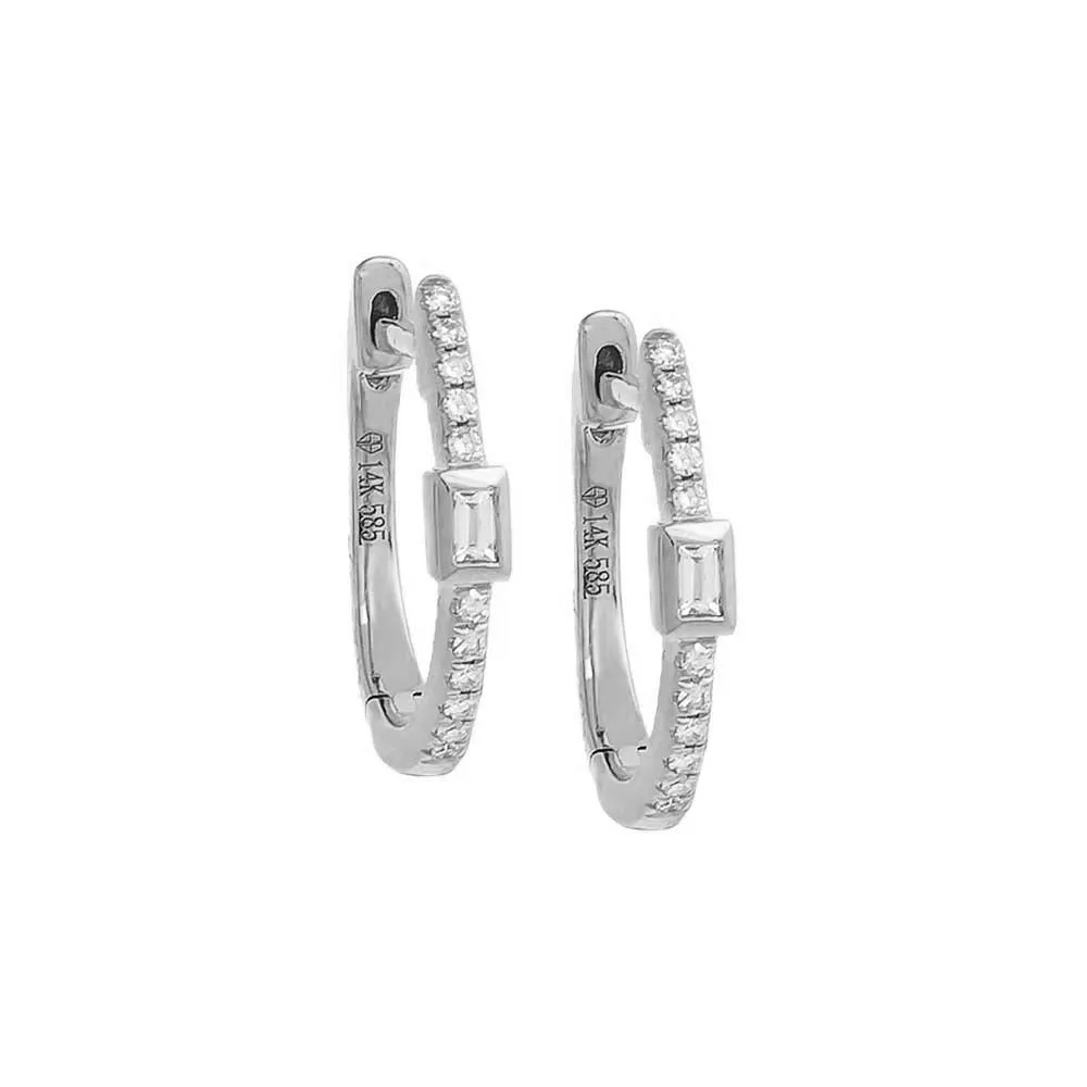 Pavé Diamond & Baguette Bezel Huggie Earring 14K