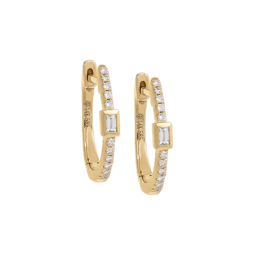 Pavé Diamond & Baguette Bezel Huggie Earring 14K